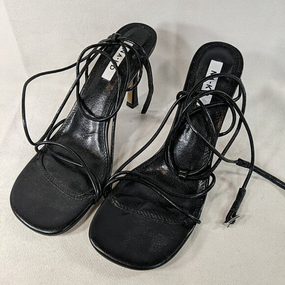 NA-KD Nothing But Style Round Toe Strappy Heel 7.5 US 38 Black Faux Leather 3" - Picture 3 of 10